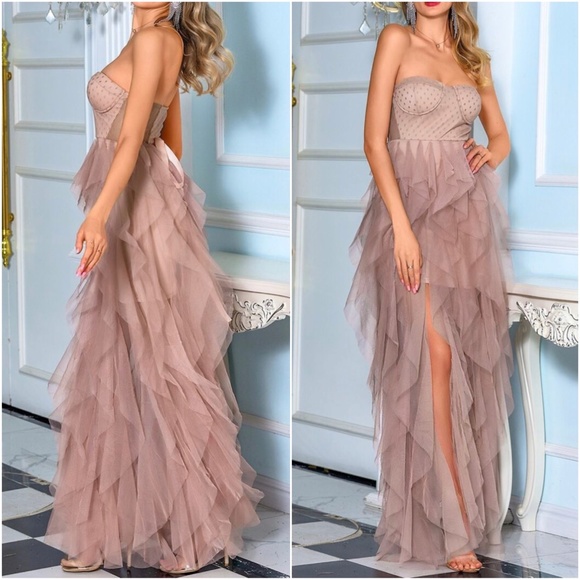 Boho Nude Pink mesh ruffle maxi dress wedding Prom - Picture 7 of 8